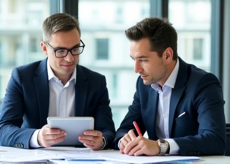 Professional legal consultants discussing a compliance checklist